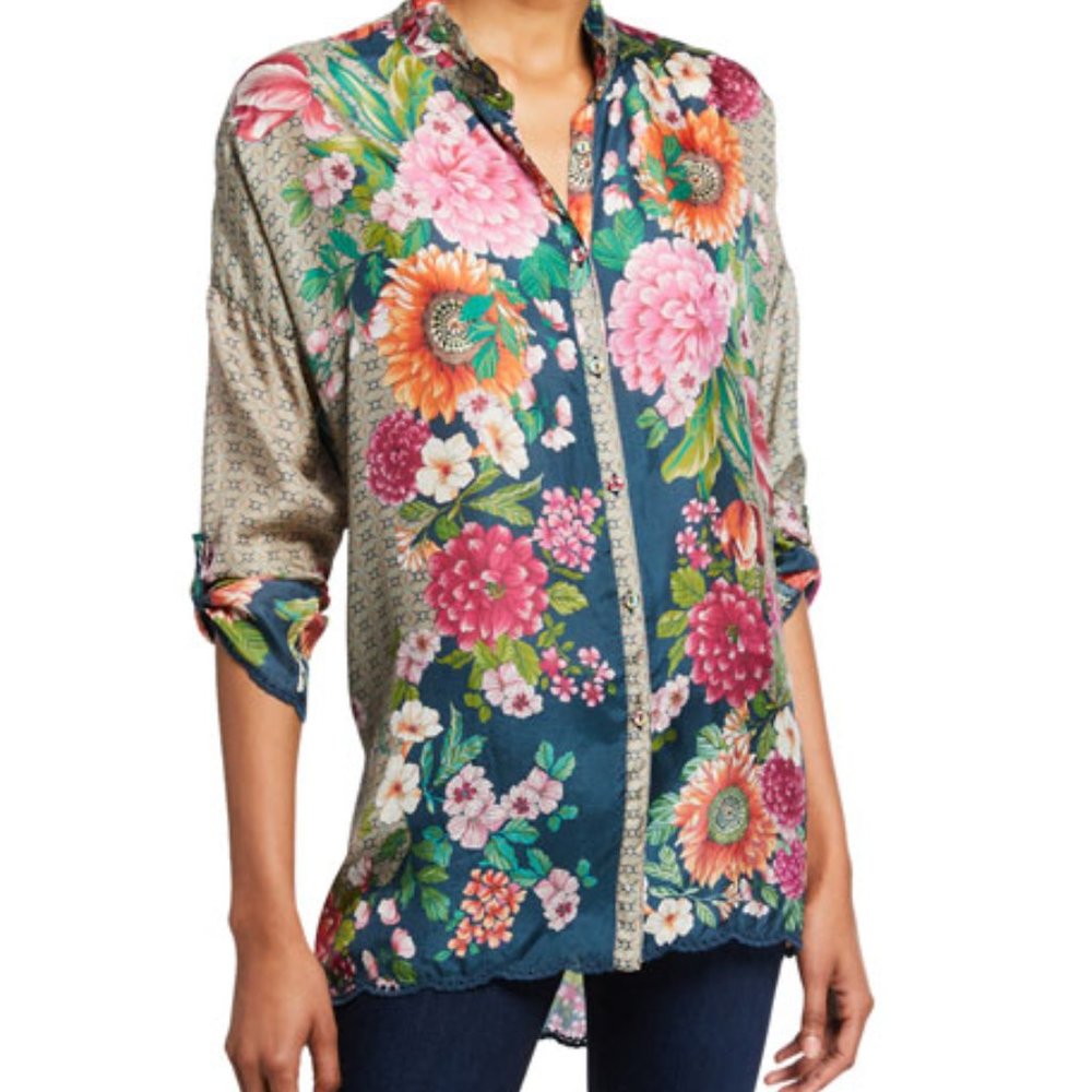 Johnny Was Button Down Blouse 100% Silk Floral